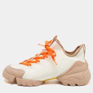 Pre Owned Dior White/Beige PVC and Fabric D-Connect Sneakers Size 38