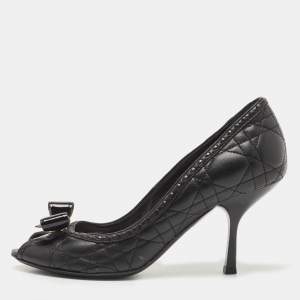 Pre Owned Dior Black Quilted Cannage Leather And Patent  Bow Detail Peep Toe Pumps Size 37