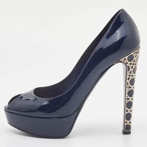 Pre Owned Dior Navy Blue Patent Leather Peep Toe Cannage Heel Platform Pumps Size 38.5
