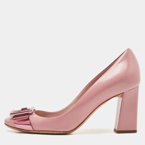 Pre Owned Dior Pink Leather Buckle Block Heel Pumps Size 37.5