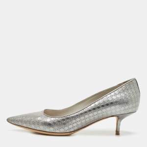 Pre Owned Dior Metallic Silver Cannage Leather Cherie Pointed Toe Pumps Size 37