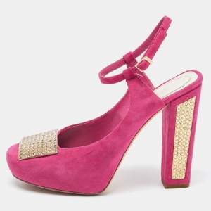 Pre Owned Dior Pink Suede Crystal Embellished Slingback Pumps Size 37.5