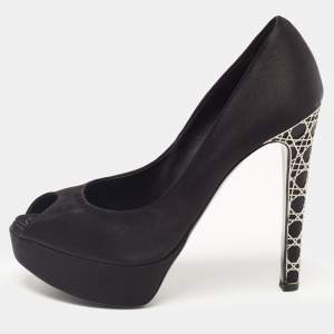 Dior Black Satin Miss Dior Peep Toe Pumps Size 38.5