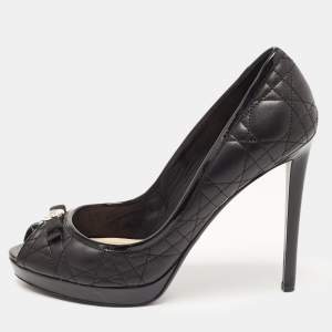 Pre Owned Dior Black Cannage Leather Bow Peep Toe Platform Pumps Size 40
