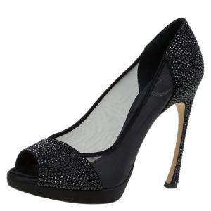 Pre Owned Dior Black Mesh and Crystal Coated Satin Peep Toe Pumps Size 38.5