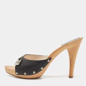Dior Black Leather Lock Charm Wooden Clogs Size 39.5