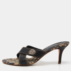 Dior Navy Blue Leather Cross Strap Slide Sandals Size 39