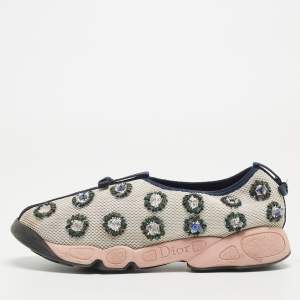 Pre Owned Dior White/Navy Blue Embellished Mesh Fusion Sneakers Size 39 