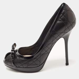 Dior Black Leather Cannage Quilted Peep Toe Bow Pumps Size 38