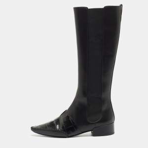 Dior Black Leather Croc Embossed and Leather Knee Length Boots Size 40