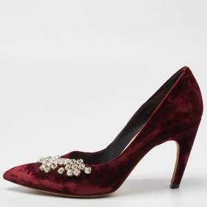 Pre Owned Dior Burgundy Velvet Crystal Embellished Pointed Toe Pumps Size 39.5