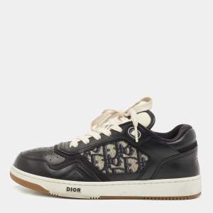 Pre Owned Dior Black Leather and Oblique Canvas B27 Sneakers Size 39