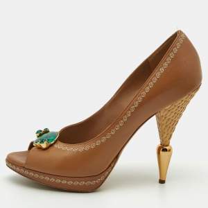 Dior Beige Leather Embellished Peep Toe Platform Pumps Size 40
