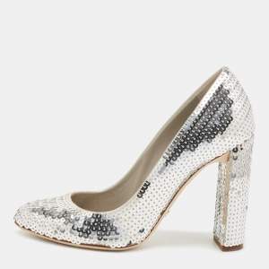 Pre Owned Dior Silver Sequin Block Heel Pumps Size 36