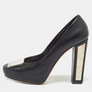 Pre Owned Dior Black Leather Metal Plate Block Heel Pumps Size 39.5