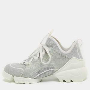 Dior White/Silver Lurex Fabric and PVC D-Connect Sneakers Size 37