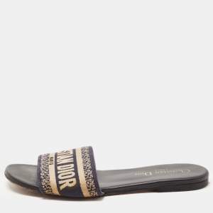 Dior Navy Blue/White Canvas Dway Flat Slides Size 36.5