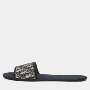 Dior Blue/Beige Fabric Oblique Chez Moi Flat Slide Sandals 41