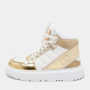 Pre Owned Dior White/Gold Leather and Fabric D-Player High Top Sneakers Size 35.5