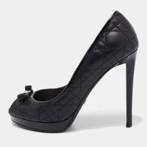 Dior Black Quilted Leather Bow Peep Toe Platform Pumps Size 39