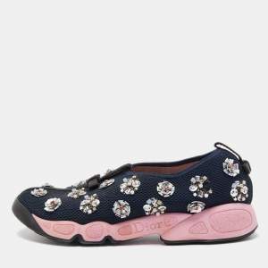 Pre Owned Dior Navy Blue Embellished Mesh Fusion Sneakers Size 38