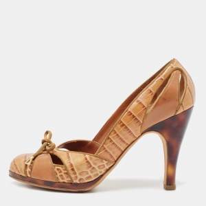 Pre Owned Dior Beige Croc Embossed Round Toe Pumps Size 37.5