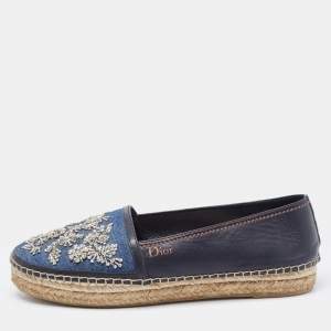 Dior Blue Leather and Denim Crystal Embellished Flat Espadrilles Size 39.5