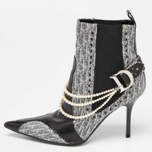 Dior Black/Grey Oblique Canvas and Leather Pearl Embellishment Ankle Boots Size 36.5