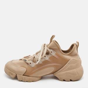 Pre Owned Dior Beige Nylon and Leather D-Connect Lace Up Sneakers Size 37.5