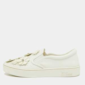 Pre Owned Dior White Leather Floral Crystal Embellished Slip On Sneakers Size 38