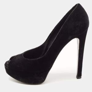 Dior Black Velvet Peep Toe Platform Pumps Size 38.5