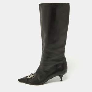 Dior Black Leather Logo Mid Calf Boots Size 39