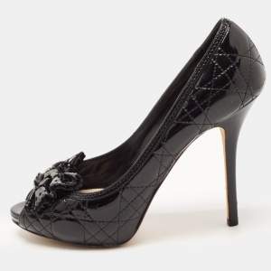 Pre Owned Dior Black Cannage Patent Leather Bow Peep Toe Pumps Size 40
