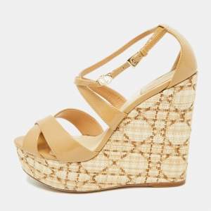 Dior Beige Patent Leather Wedge Ankle Strap Sandals Size 37