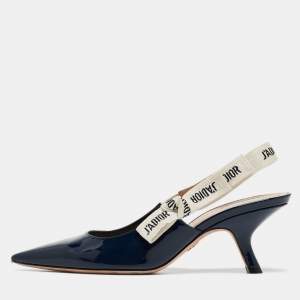 Dior Navy Blue Patent Leather J'adior Slingback Pumps Size 37.5
