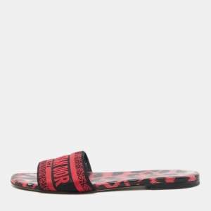 Dior Red Leopard Print Leather and Canvas Dway Slide Flats Size 38.5