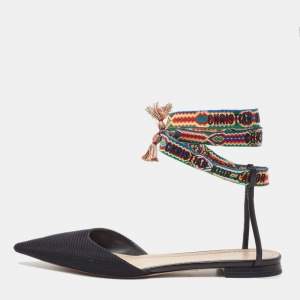 Pre Owned Dior Black Fabric and Leather J'adior Pointed Toe Ankle Wrap Flats Size 39