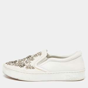 Dior White Leather and Canvas Crystal Embellished Slip On Sneakers Size 36