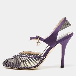 Dior Purple/Grey Satin and Leather Strappy Ankle Strap Sandals Size 38