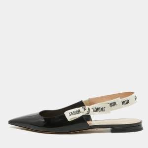 Dior Black Patent Leather J'adior Slingback Flat Sandals Size 40.5