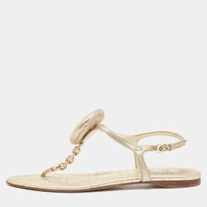 Dior Gold Leather Chain Link T-Strap Flat Sandals Size 39