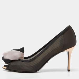 Pre Owned Dior Black/Pink Mesh and Satin Garden Flower Detail Peep Toe Pumps Size 39