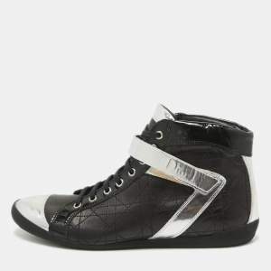Pre Owned Dior Black/Silver Quilted Cannage Leather and Patent High Top Sneakers Size 40  