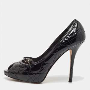 Pre Owned Dior Black Cannage Patent Leather Peep Toe Platform Pumps Size 40