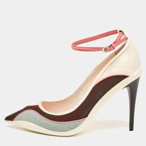 Pre Owned Dior Multicolor Mesh and Leather Pointed Toe Ankle Strap Pumps Size 37