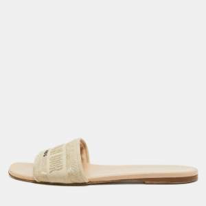 Dior Two Tone Logo Embroidered Canvas Dway Flat Slides Size 39.5