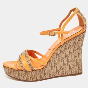 Dior Orange Leather and Canvas Diorissimo Wedge Sandals Size 39