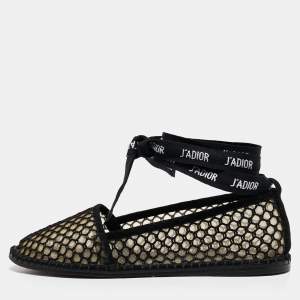 Dior Black Mesh and Suede Nicely D Ankle Wrap Ballet Flats Size 36