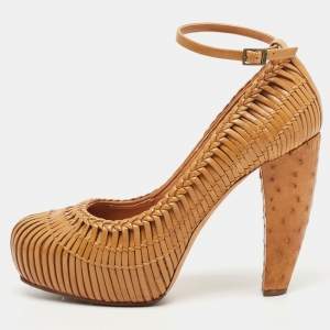 Dior Brown Woven Leather and Ostrich Basketweave Platform Ankle Strap Pumps Size 36