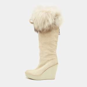 Dior Grey Suede Cannage Suede and Fox Fur Trim Knee High Wedge Boots Size 35.5